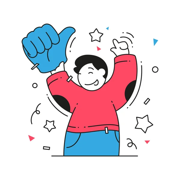 Homem feliz celebrando sucesso vitória segurando enorme luva polegar-se positivo emoção vetor plana —  Vetores de Stock