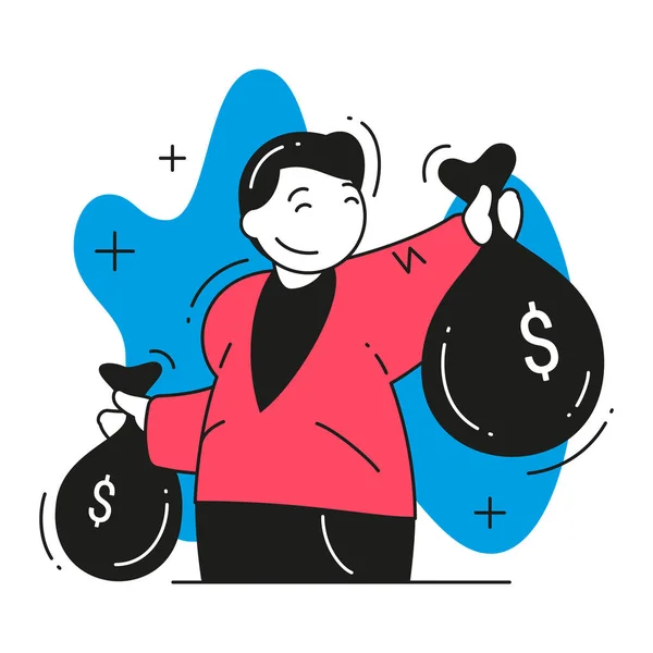 Happy rich man carrying sacks dollar signs full cash money celebrating financial independence vector — Stock Vector