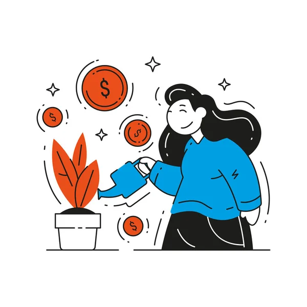 Mujer riego planta de interior con dinero en efectivo moneda dólar concepto de crecimiento vector plano ilustración — Archivo Imágenes Vectoriales