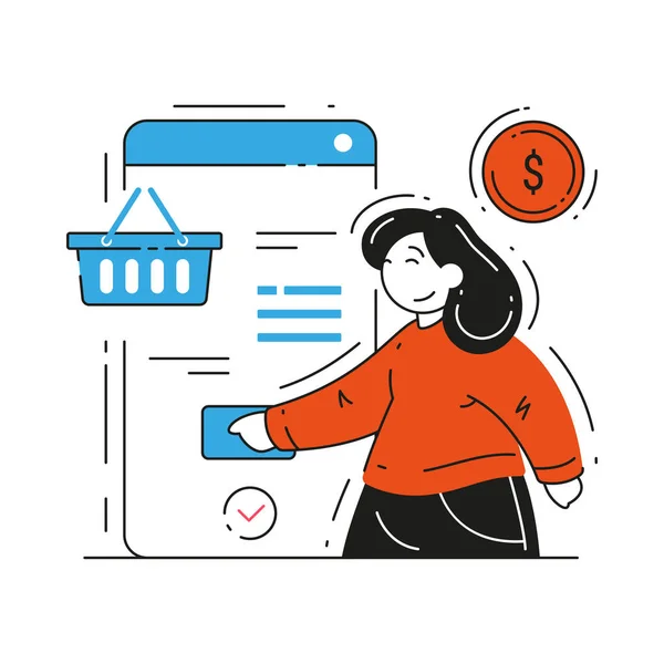 Žena zákazník objednávka on-line nakupování použít mobilní platební aplikace vektor ploché ilustrace — Stockový vektor