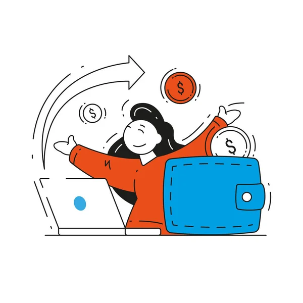 Lycklig kvinna som arbetar på distans ta emot pengar via internet bärbar dator och plånbok vektor platt illustration — Stock vektor