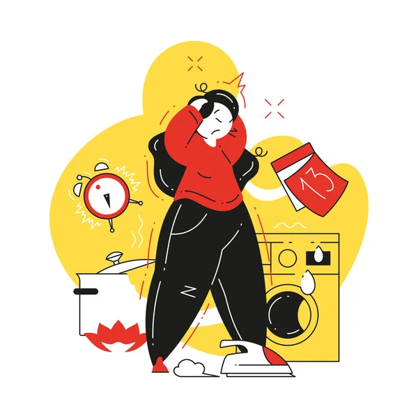 Stressad multitasking hemmafru att vara sen hustle städning vektor platt illustration — Stock vektor