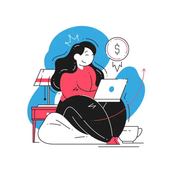 Woman successful freelancer making money working online laptop on comfy couch home office vector — Stock Vector