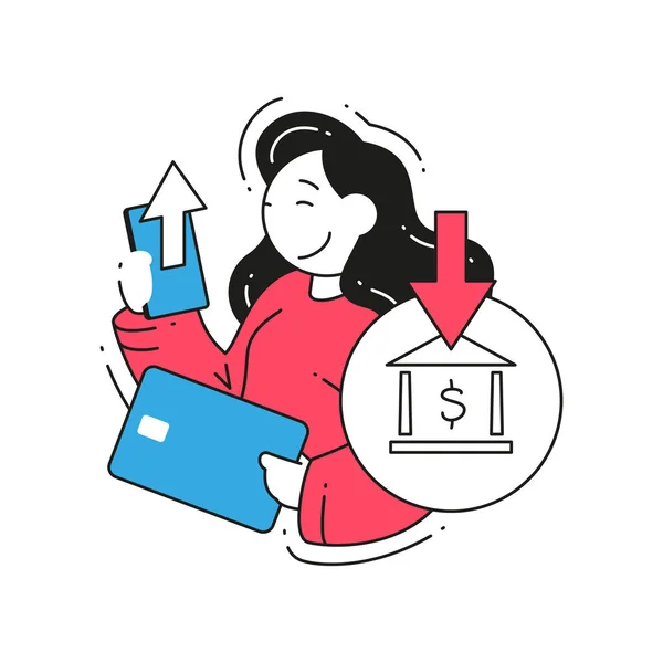 Tarjeta de transacción de dinero mujer feliz a la cuenta bancaria utilizar aplicación móvil vector ilustración plana — Archivo Imágenes Vectoriales