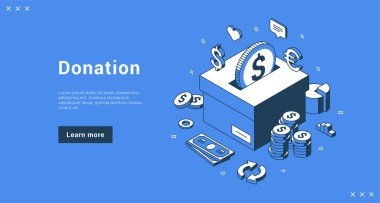 Bağış, sponsorluk ve yardım hizmeti iniş sayfası izometrik vektör illüstrasyonu