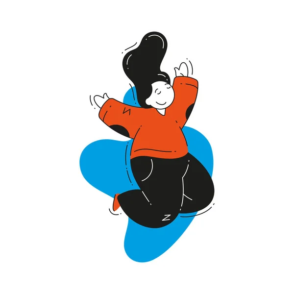 Lycklig kvinna hoppar med höjda händer och slutna ögon vektor platt illustration — Stock vektor