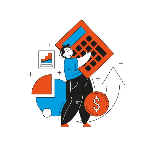 Male accountant with calculator analyzing graph profit growth with arrow up vector flat illustration — Stock Vector