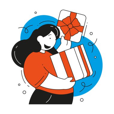 Mutlu kadın, paketlenmiş hediye kutusunu aç. Yay vektör düz çizim.