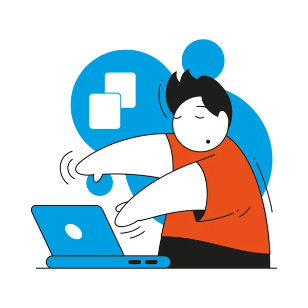 Empregado do sexo masculino cansado trabalhando em laptop com olhos fechados vetor ilustração plana. Gerente sobrecarregado —  Vetores de Stock