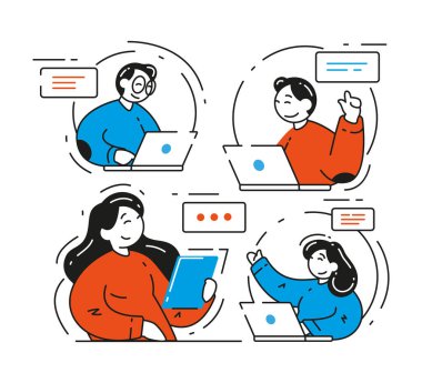 Çevrimiçi buluşma grubu sanal buluşması için dijital teknoloji bilgisayarı, dizüstü bilgisayarı, tablet vektörü düz kullan