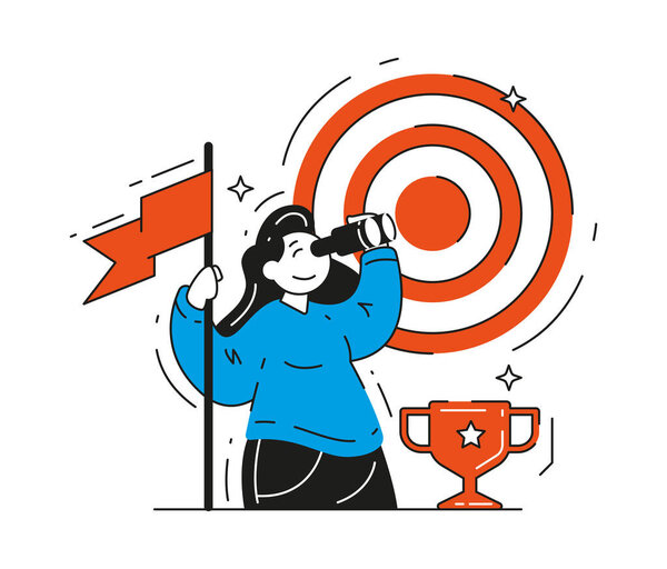 Женщина с флагом телескопа с нетерпением ждет цели планирования вектора корпоративной стратегии развития
