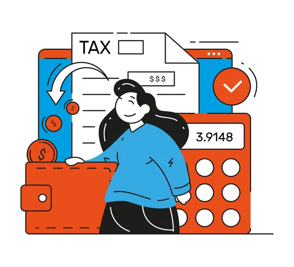 Happy business žena daňové přiznání online formulář s kalkulačka a peněženka plná mincí vektor byt — Stockový vektor