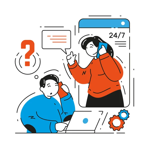 Homme conseil à la clientèle appeler le service à la clientèle ligne d'assistance téléphonique pour poser des questions vecteur — Image vectorielle
