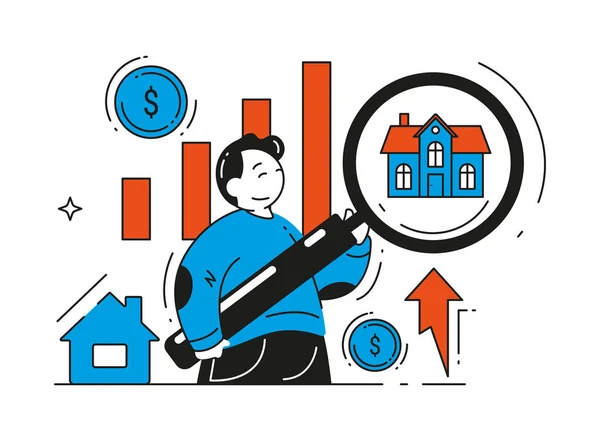 Człowiek analizuje wykres wzrostu rynku nieruchomości z powiększającym wektorem szkła płaska ilustracja — Wektor stockowy