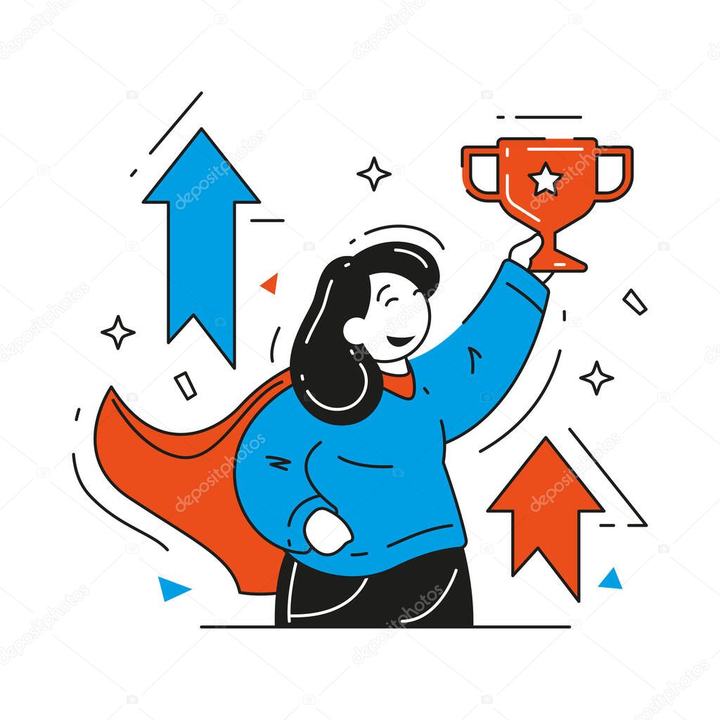 Woman leader in superhero cloak holding cup achievement with growth up arrows vector illustration