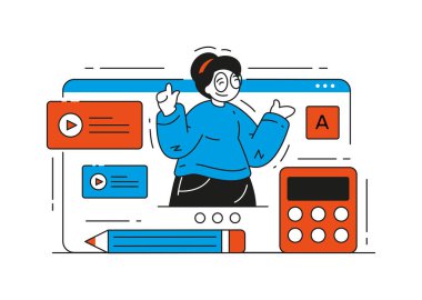 Canlı yayında bilgisayar ekranı illüstrasyonunu açıklayan kadın çevrimiçi öğretmen