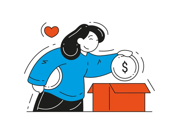 Lycklig kvinna att sätta donationsmynt i kartong vektor platt illustration — Stock vektor