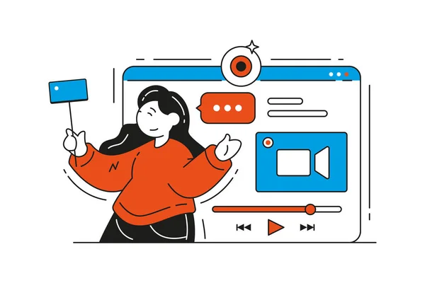 Блогер жінки, що знімає нове оголошення відео серії, використовує смартфон Векторні плоскі ілюстрації Ліцензійні Стокові Вектори
