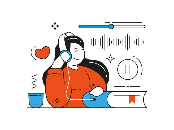 Жінка слухає аудіокнигу інтернет радіо подкаст додаток Векторні плоскі ілюстрації Ліцензійні Стокові Вектори