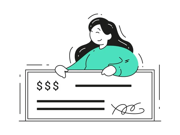 Happy woman with salary paycheck legal deal agreement signature vector flat illustration — Stock Vector