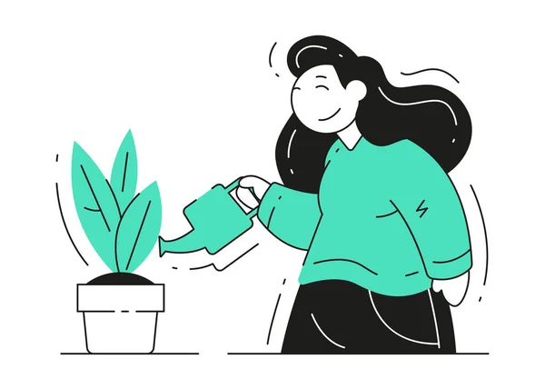 Ung kvinna vattnar krukväxter. Skötsel av inomhusväxter — Stock vektor