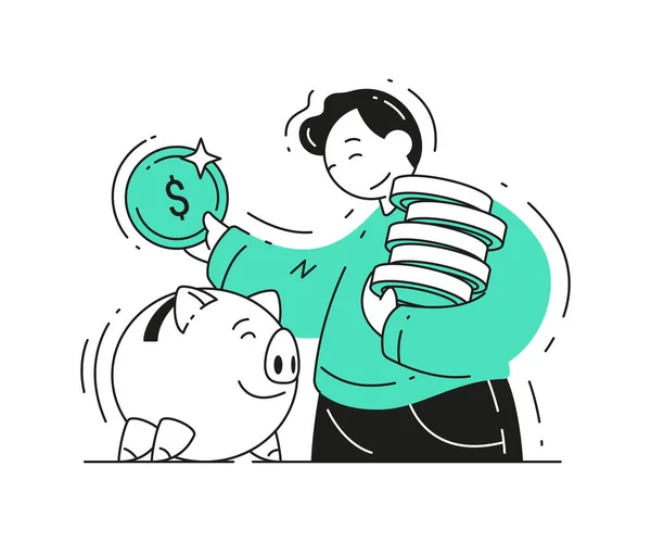 Biznes mężczyzna wrzucanie monet do gniazda świnki depozyt bankowy i oszczędność koncepcja wektor ilustracja — Wektor stockowy
