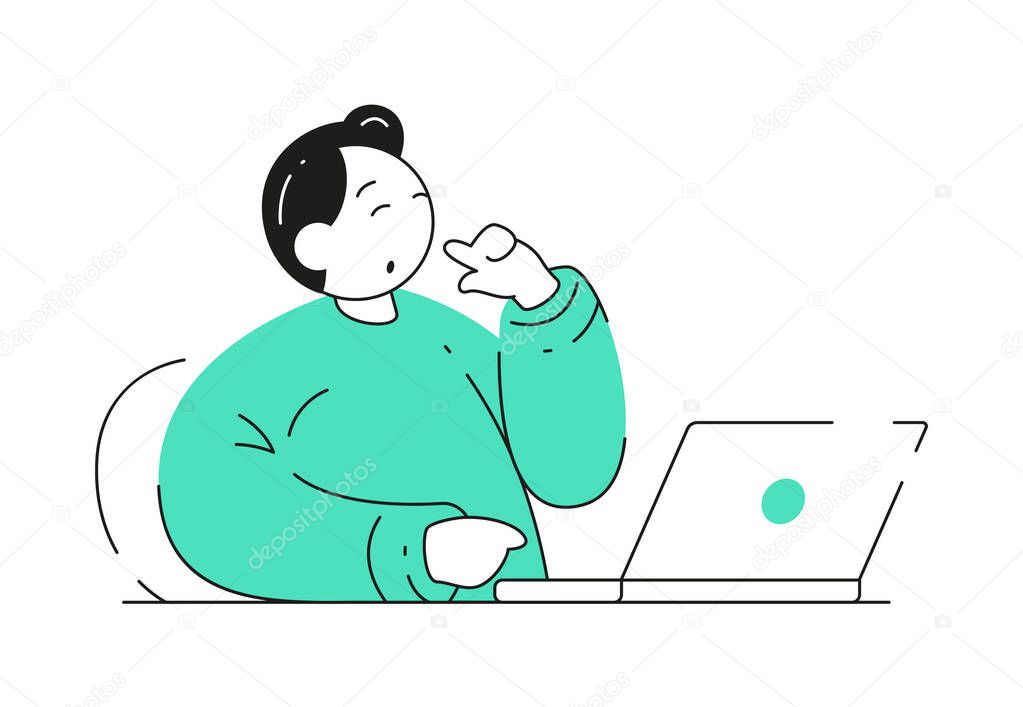 A man is opening a laptop and thinking about ideas. Hand drawn style vector illustration