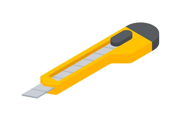 Pisau alat tulis plastik kuning dengan gambar vektor isometrik pisau tajam. Baja pemotong kertas - Stok Vektor