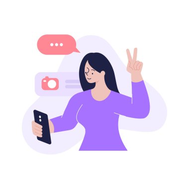 Çevrimiçi görüntülü konuşan kadın selfie çekerken kameralı akıllı telefon vektör düz illüstrasyon kullan