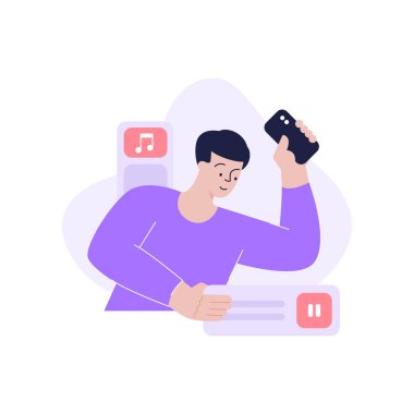 Sosyal ağlarda multimedya içeriğinden hoşlanan modern adam akıllı telefon vektörü düz illüstrasyonunu kullanır
