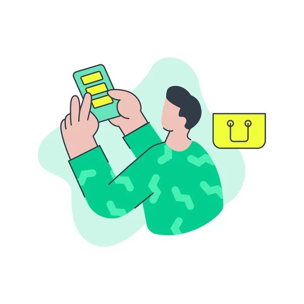Mężczyzna użytkownik wybierając towary w sklep cyfrowy aplikacji smartfon minimalistyczny duże kończyny styl wektor — Wektor stockowy