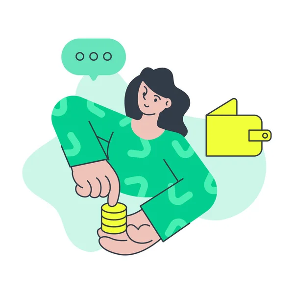 Žena počítání peněz plánování výdajů na nákupy s peněženkou zlaté mince vektor ploché ilustrace — Stockový vektor