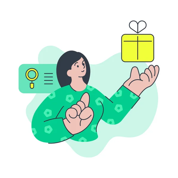 Minimalistische vrouw klant kiezen cadeau op website genieten van online winkelen vector platte illustratie — Stockvector