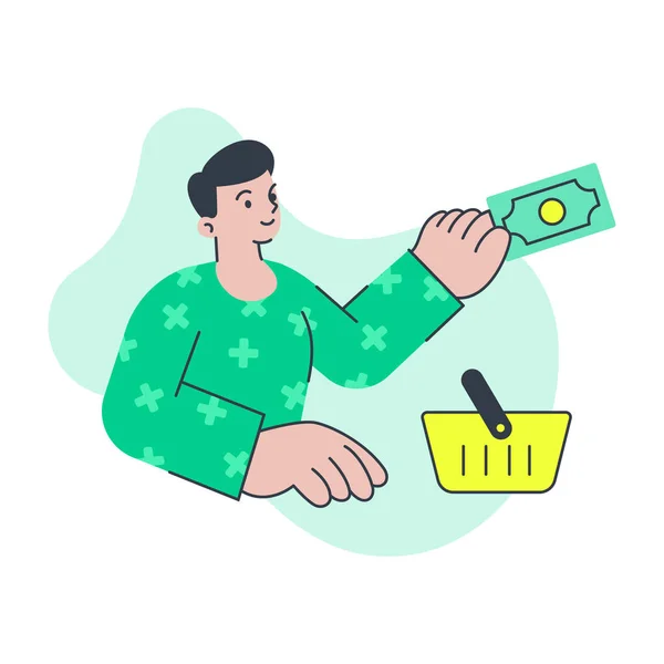 Minimalistický mužský zákazník nakupující potraviny s nákupním vozíkem platící hotovostní vektorové ilustrace — Stockový vektor