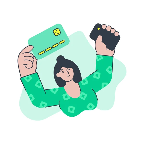 Žena platební karta smartphone finanční aplikace vychutnat nákupní vektor ploché ilustrace — Stockový vektor