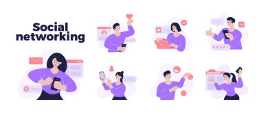 Toplama modern erkek ve kadın sosyal ağ iletişim vektörü düz