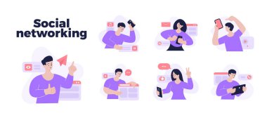 İnsanları çevrimiçi sanal uygulama dijital görüntü teknolojisi aygıtı vektörü düzlüğüne ayarla