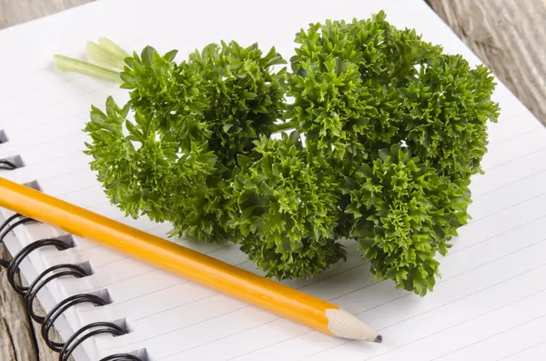 Parsley on an notebook with a pencil — Stock Photo, Image
