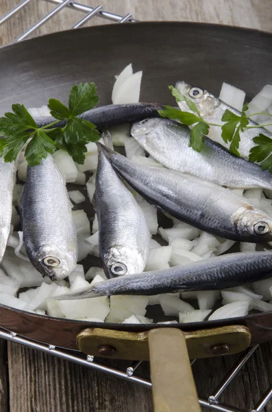 Fresh sardines in a pan with parsley and onion — Stock Photo, Image