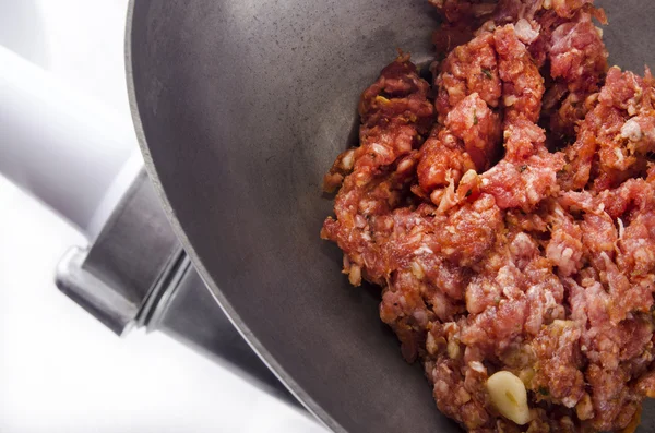 Minced meat in a mincer — Stock Photo, Image