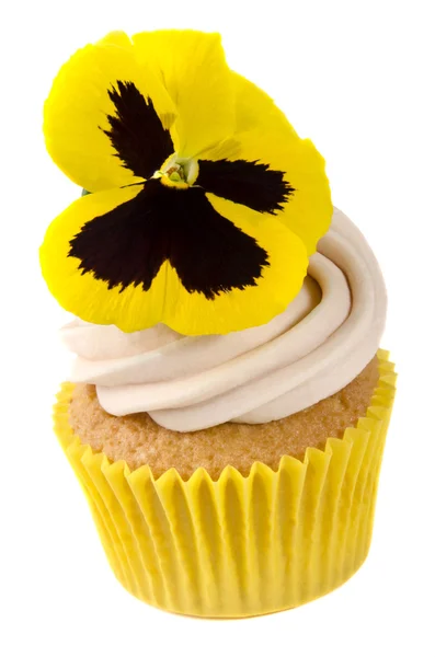 Madeira cupcake with edible pansy — Stock Photo, Image