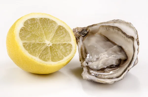 Open oyster and half lemon — Stock Photo, Image