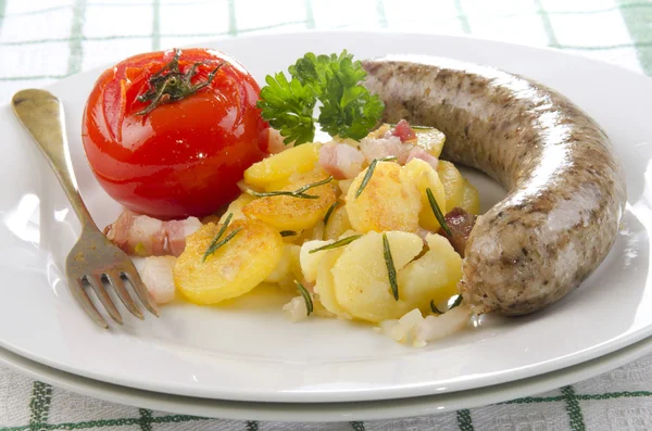 Grilled sausage with fried potato — Stock Photo, Image