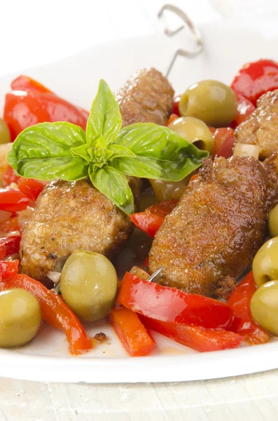 Grilled minced meat rolls on a skewer — Stock Photo, Image