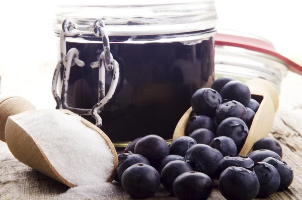 Blueberry marmalade and preserving sugar — Stock Photo, Image