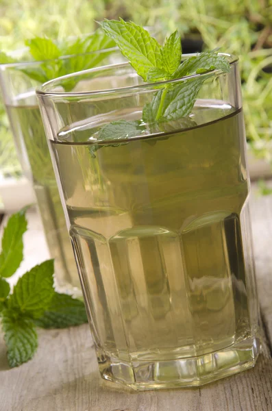 Peppermint tea with mint in the background — Stock Photo, Image