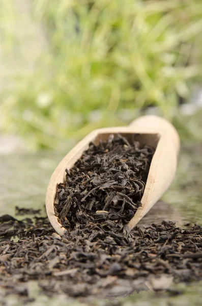Siyah çay üzerinde tahta kürek — Stok fotoğraf