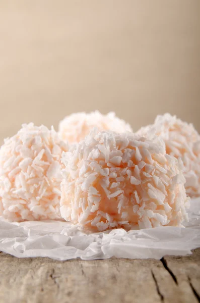 Strawberry champagne truffle with coconut flakes — Stock Photo, Image