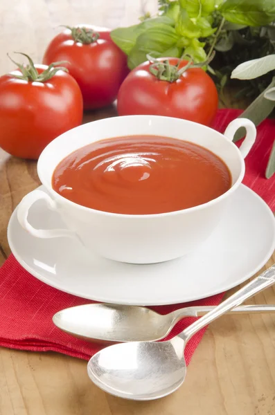 Tomatensuppe in einer weißen Schüssel — Stockfoto