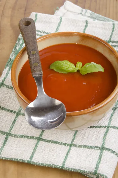 Hausgemachte Tomatensuppe mit Basilikum — Stockfoto